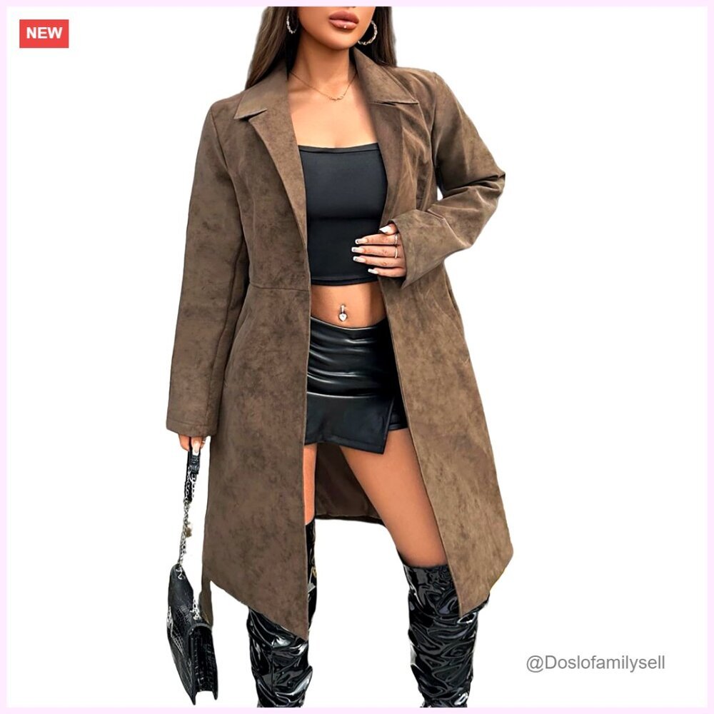 Faux Leather Trench Coat Long Oversized Belted Motorcycle Jacket Classic Chic